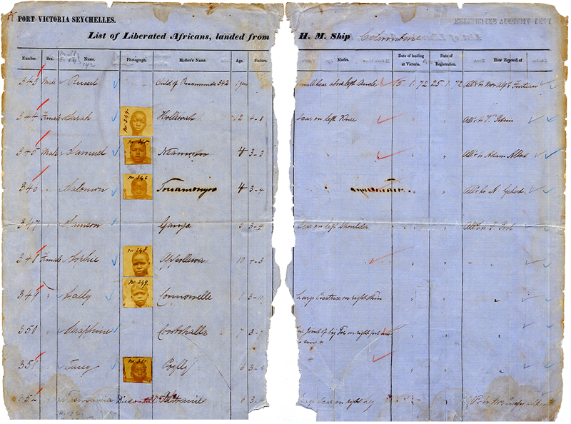 "Port Victoria Seychelles, List of Liberated Africans Landed from H.M. Columbine." This register contained headshots of certain individuals. Historical Papers Research Archive, University of the Witwatersrand, Johannesburg, ZA HPRA A299, compiled by John Gaspard Gubbings, 1872.