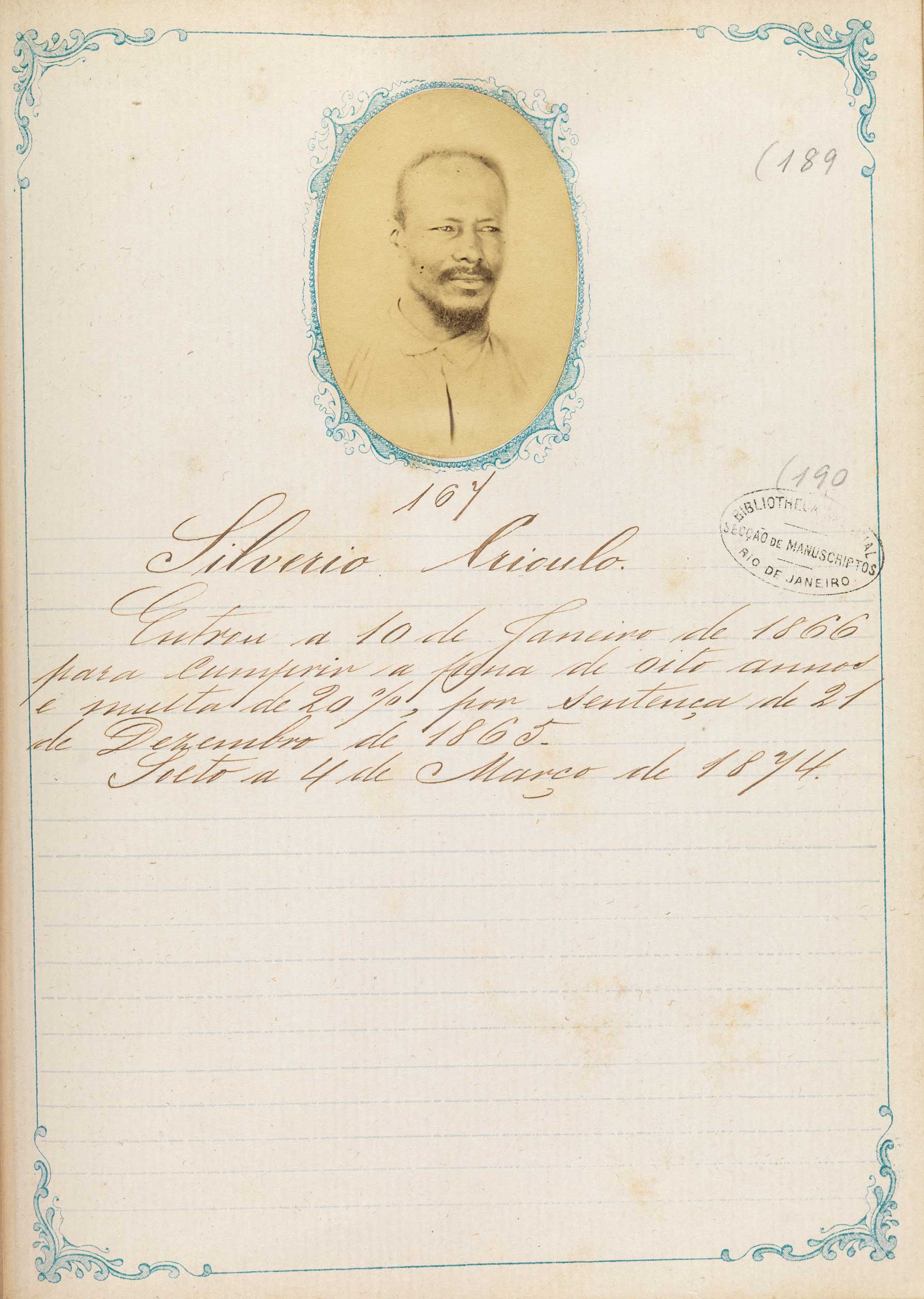 Silverio, Africano Livre, 1866 Casa de Coreção